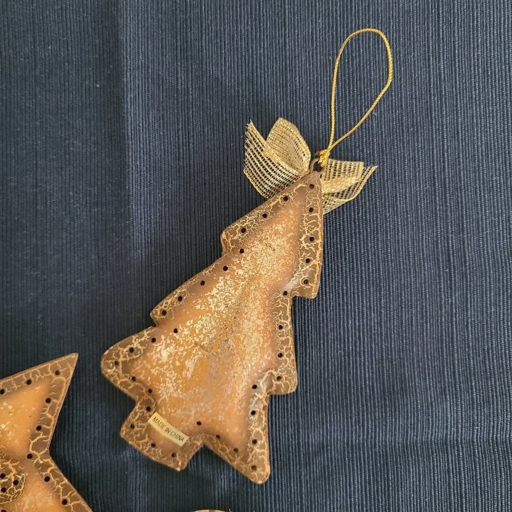 Vintage Textured Metal Holiday Christmas Tree Star Heart Ornaments Set Of Three